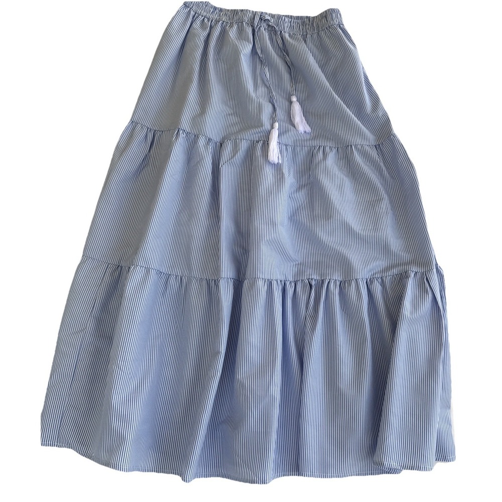 Violet Skies Cotton Seersucker Tiered Midi Skirt Blue White Womens M